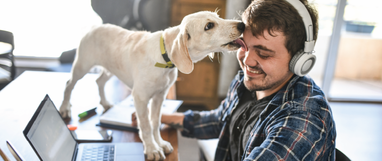 Savings 101--Man in headphones getting licked by dog
